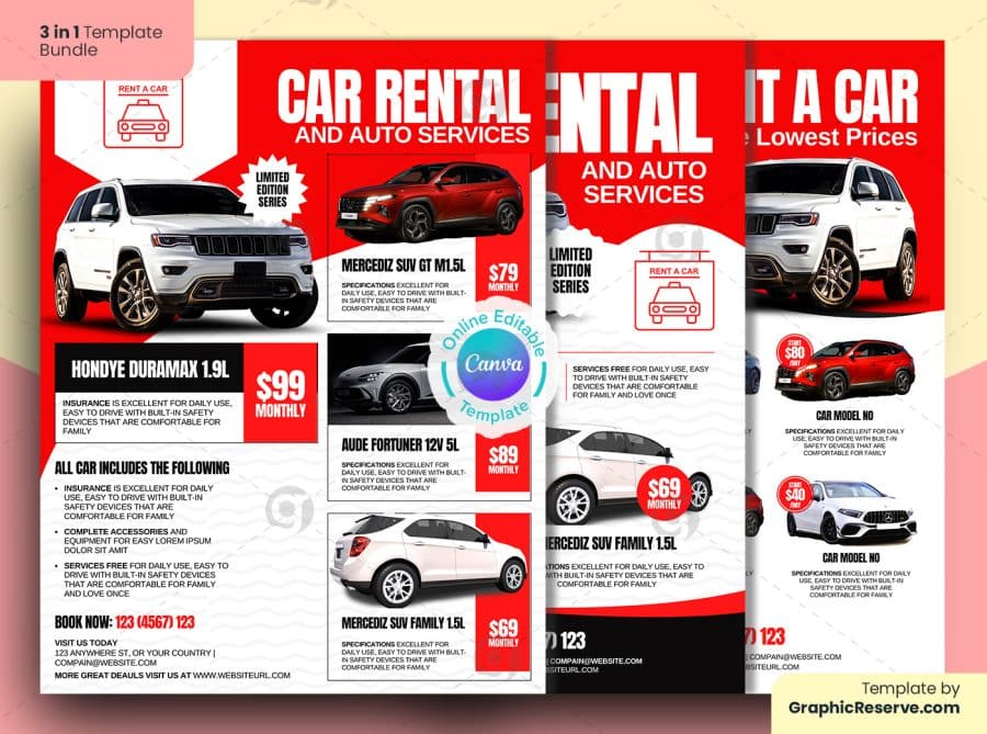 Car Rental & Auto Service Flyer 3 in 1 Bundle Canva Template