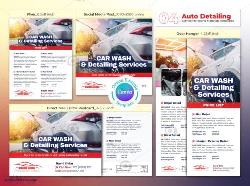 Car Wash & Auto Detailing Marketing Material Canva Template Bundle