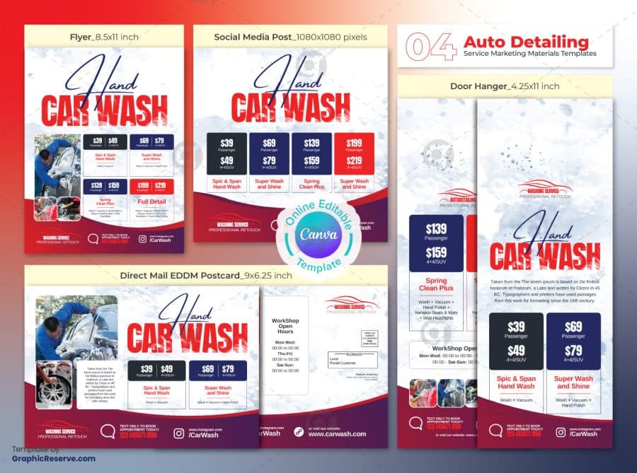 Car Wash Coupon Offer Marketing Material Canva Template Bundle