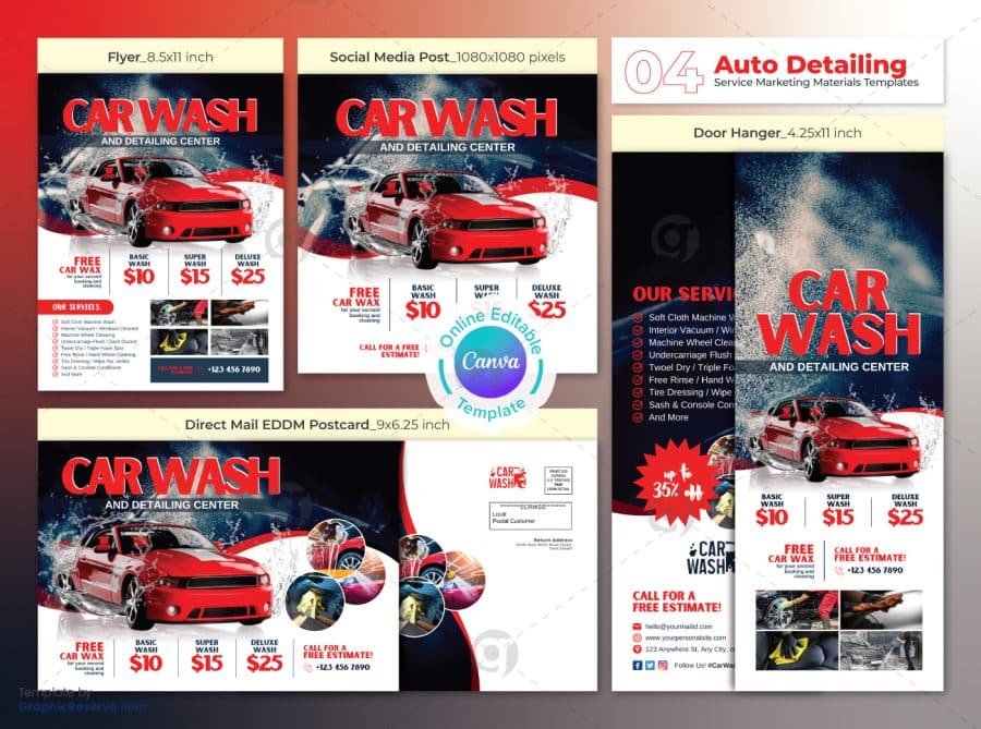 Car Wash Promotional Service Offer Canva Template Bundle