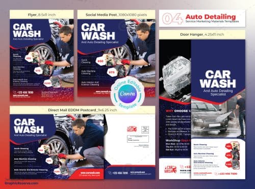 Car Wash Service Offer Marketing Material Bundle Canva Template