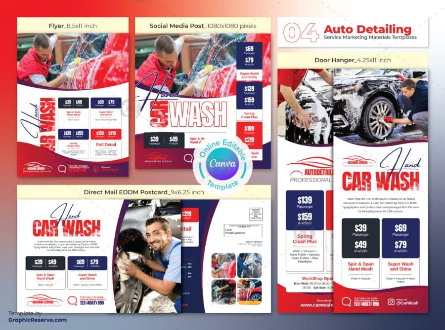 Car Wash Service Offering Marketing Material Canva Template Bundle