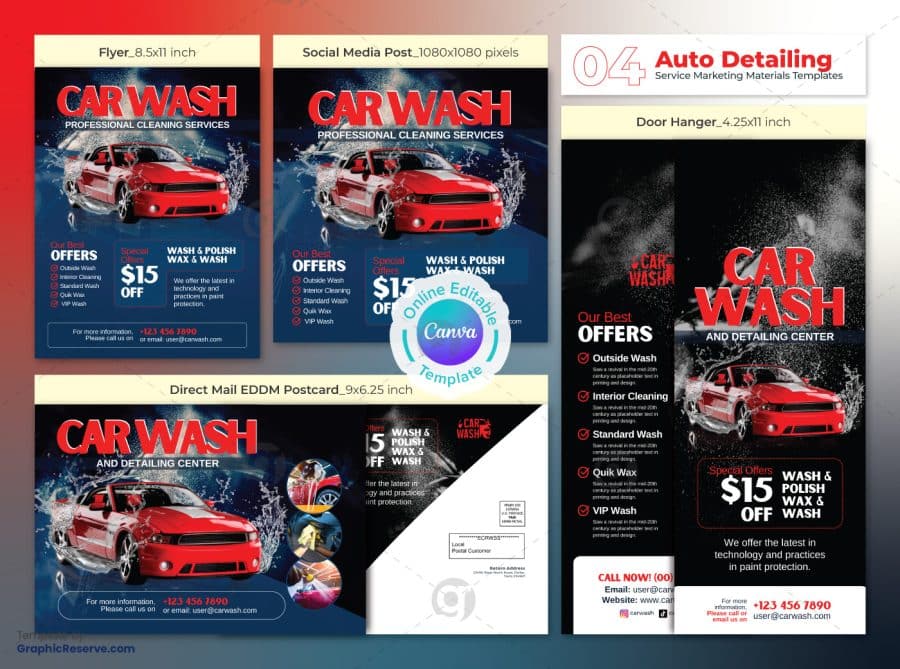 Car Wash Servicing Canva Template Marketing Material Bundle