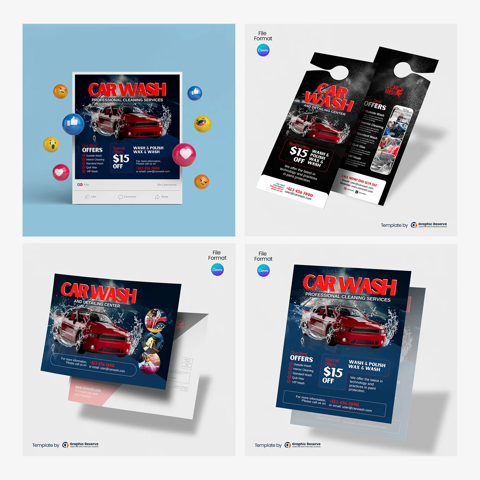 Car Wash Servicing Canva Template Marketing Material Bundle