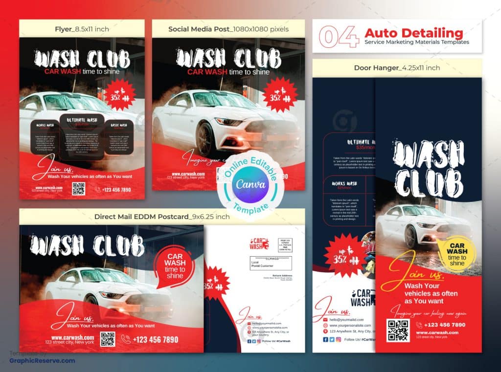 Car Wash Servicing Marketing Material Bundle Canva Template