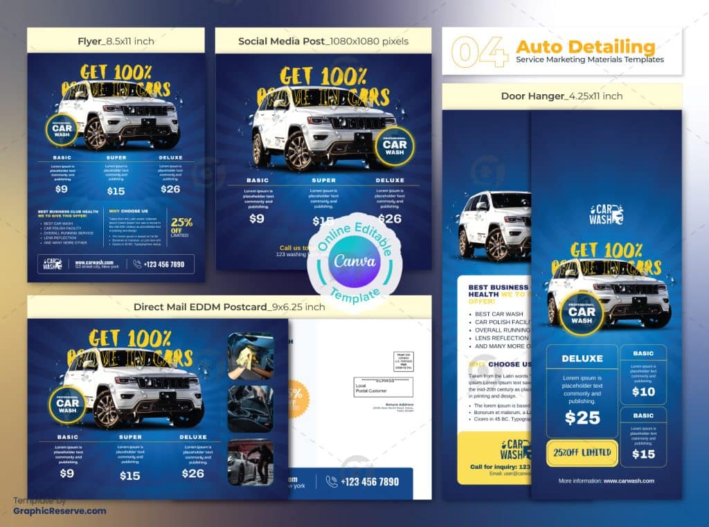 Car Wash Servicing Marketing Material Canva Template Bundle