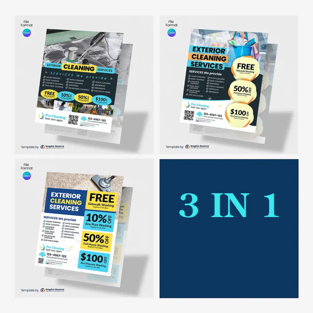 Exterior Cleaning Service Flyers Canva Template 3 in 1 Bundle