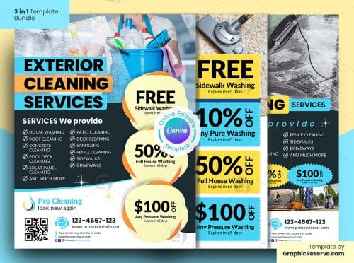 Exterior Cleaning Service Flyers Canva Template 3 in 1 Bundle