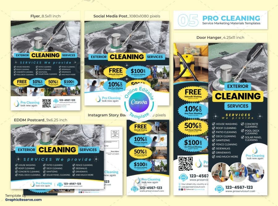 Exterior Cleaning Services Marketing Material Canva Template Bundle