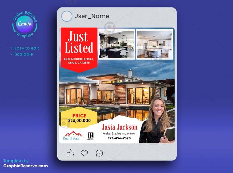 Just Listed Real Estate Listing Social Media Post Canva Template
