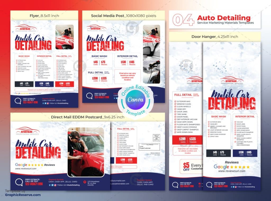 Mobile Car Detailing Marketing Material Canva Template Bundle