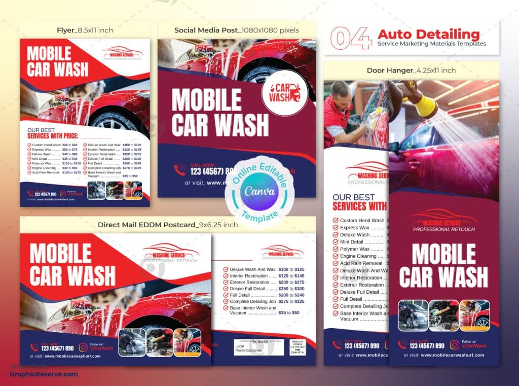 Mobile Car Wash Marketing Material Canva Template Bundle