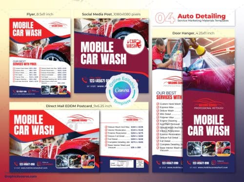 Mobile Car Wash Marketing Material Canva Template Bundle