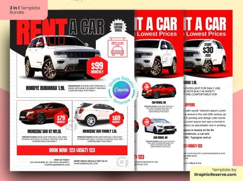 Rent a Car Flyer 3 in 1 Bundle Canva Template