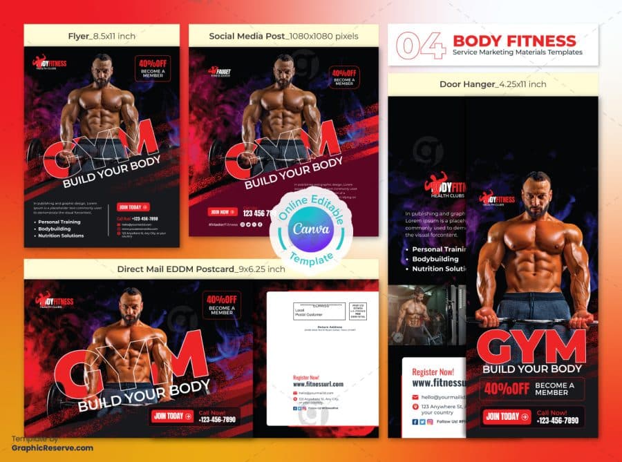 Body Building Marketing Material Bundle Canva Template