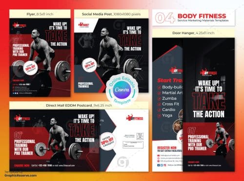 Body Fitness Gym Marketing Material Bundle Canva Template