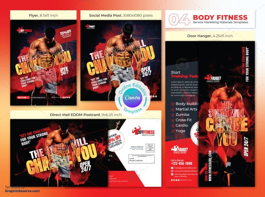 Body Fitness Marketing Material Bundle Canva Template