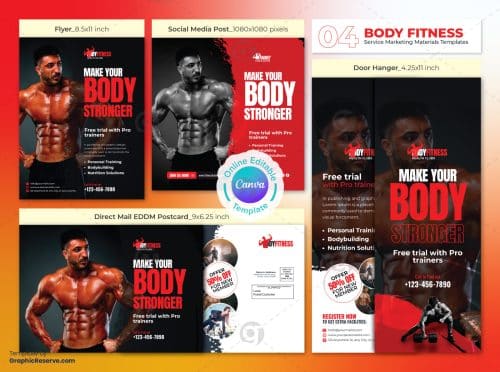 Body Stronger Marketing Material Bundle Canva Template