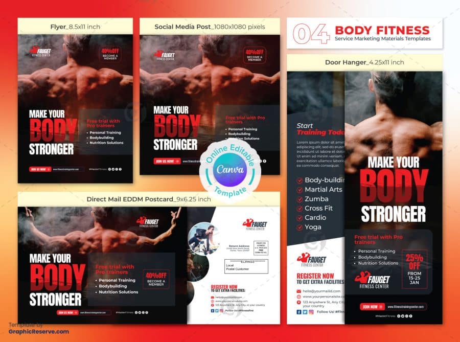 Bodybuilding Marketing Material Bundle Canva Template