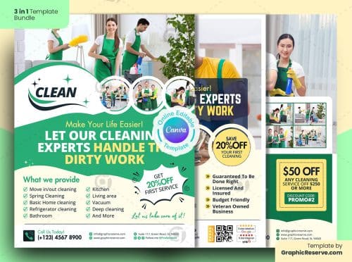 Cleaning Service Flyer Bundle Canva Template