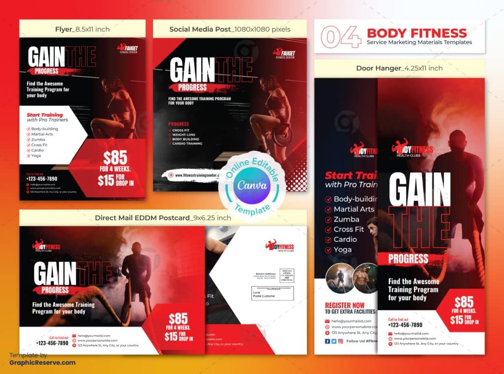 Fitness Progress Marketing Material Bundle Canva Template