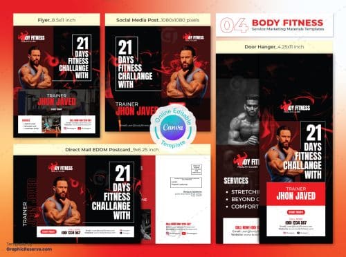 Fitness Trainer Marketing Material Bundle Canva Template