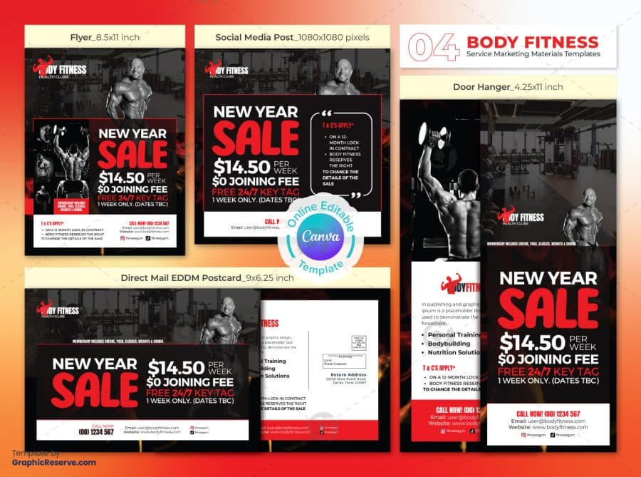 Gym Bodybuilding Marketing Material Bundle Canva Template