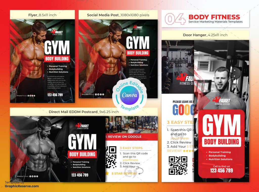 Gym Center Marketing Material Bundle Canva Template