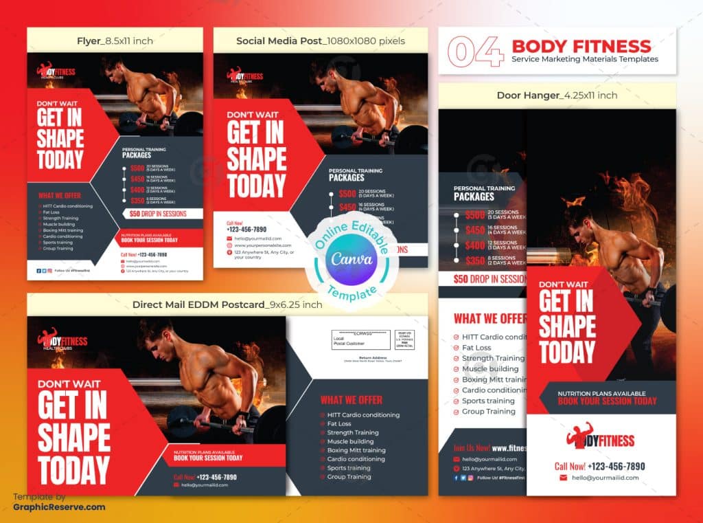 Gym Marketing Material Bundle Canva Template