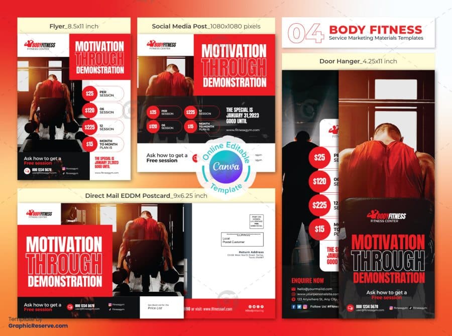 Gym Motivational Marketing Material Bundle Canva Template