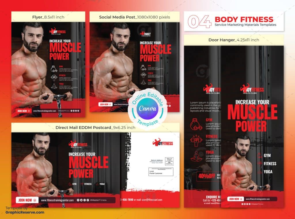 Muscle Power Marketing Material Bundle Canva Template