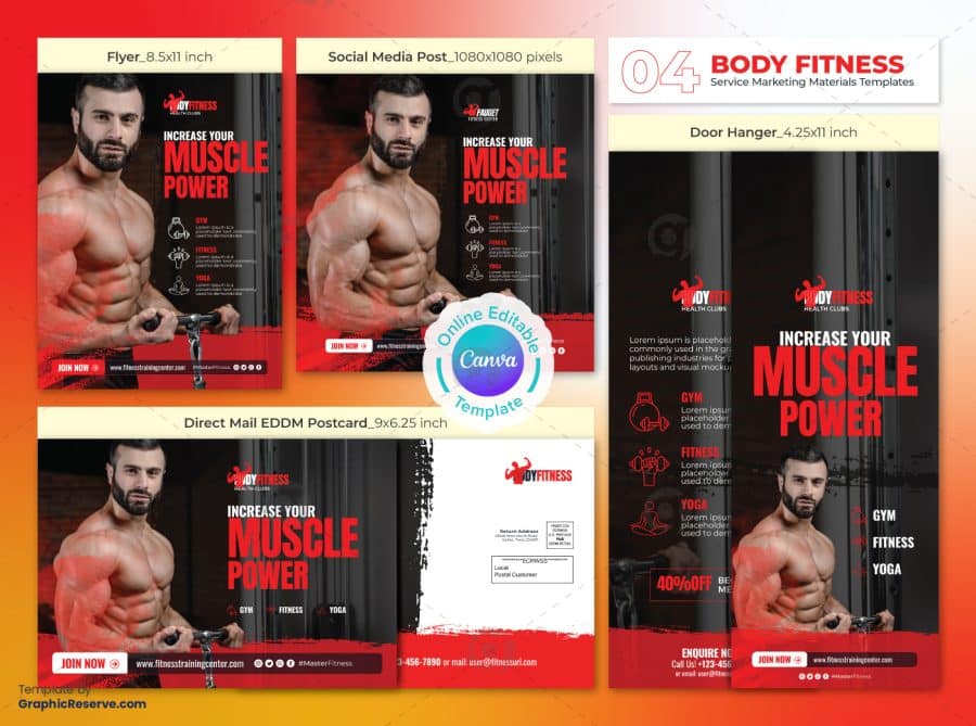 Muscle Power Marketing Material Bundle Canva Template