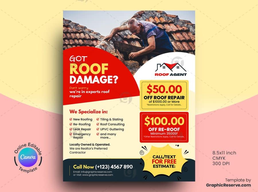 Roof Damage Repair Flyer Canva Template