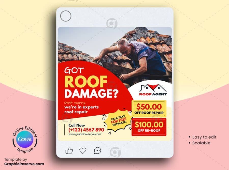 Roof Damage Repair Social Media Banner Canva Template