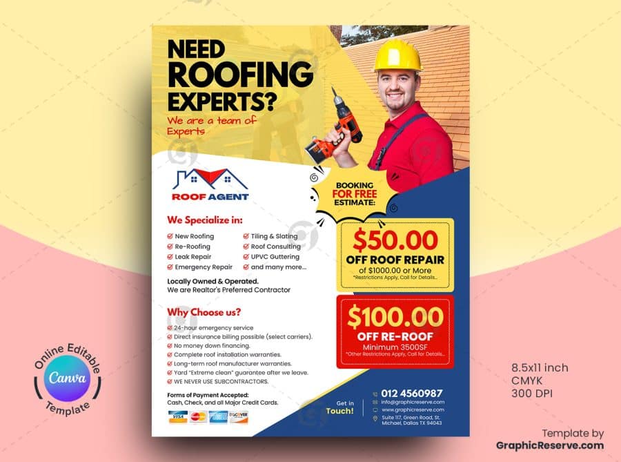 Roofing Experts Promotional Flyer Canva Template