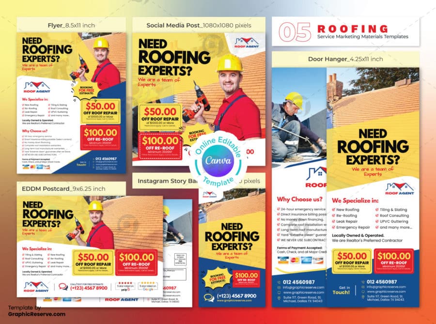 Roofing Expert Marketing Material Bundle Canva Template
