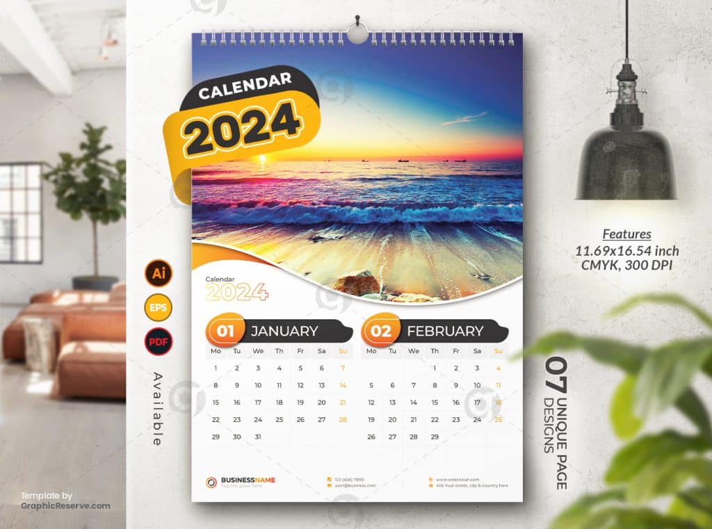 Wall Calendar 2024 Template Design (Ai, EPS, and PDF) Graphic Reserve