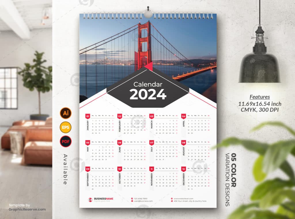 1Page Wall Calendar 2024 Template Design (Ai, EPS, and PDF) Graphic