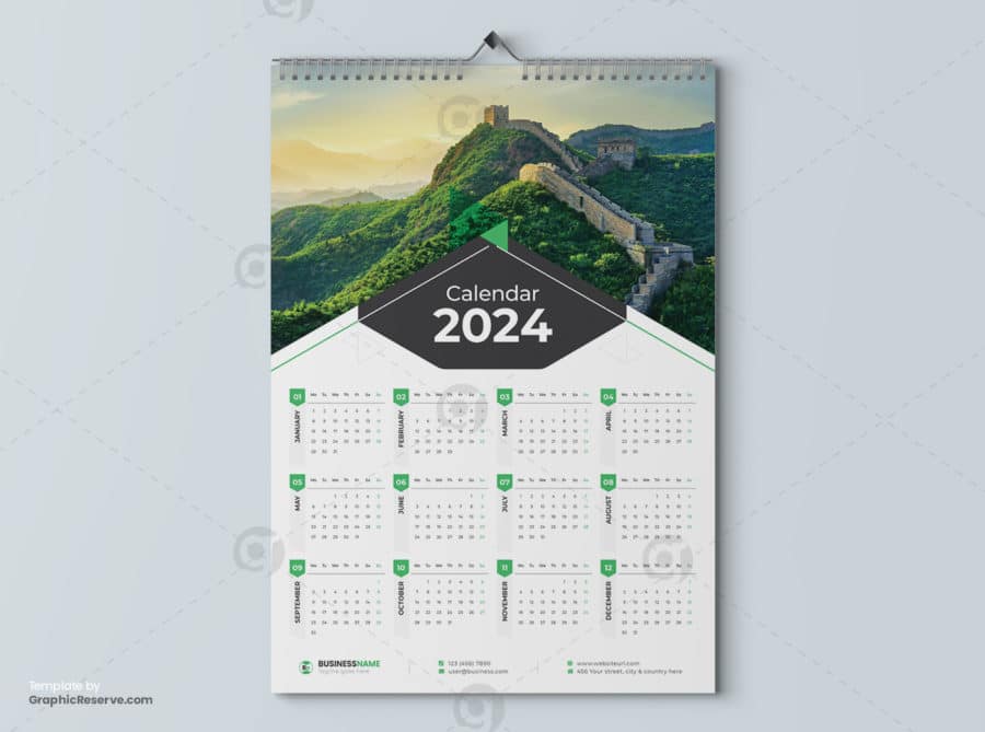1 Page Wall Calendar 2024 template by didargds on graphicreserve.v3