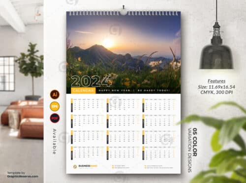 1 Page Wall Calendar 2024 template by visualgraphics1v on graphic reserve