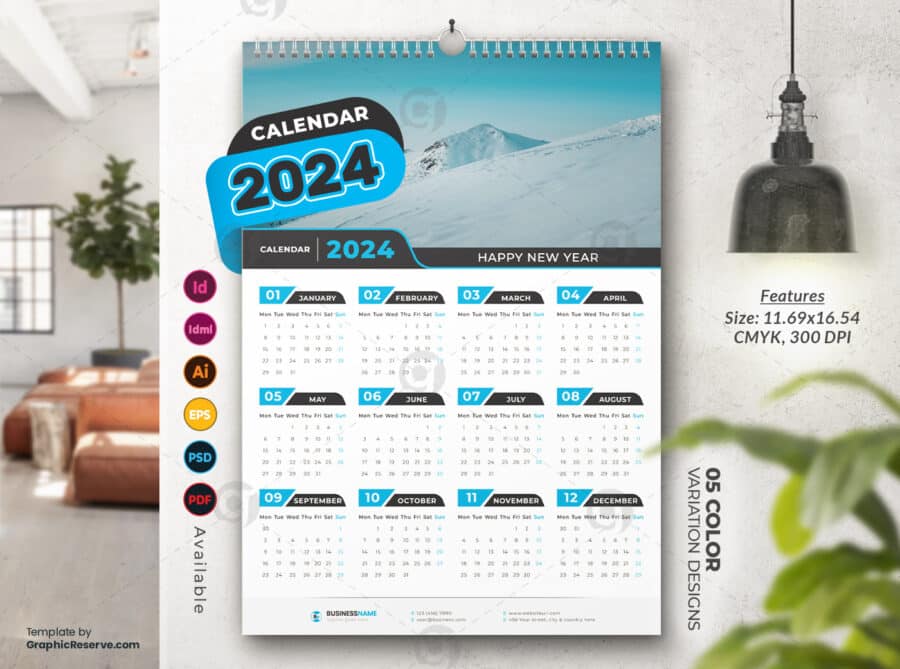 1 Page Wall Calendar 2024 template by visualgraphics1v on graphic reserve