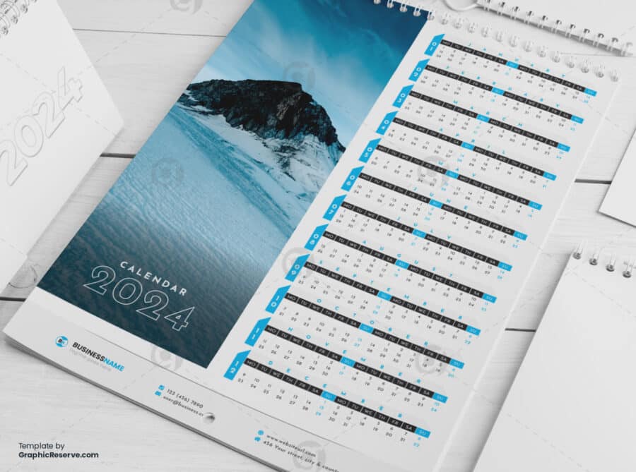 1 Page Wall Calendar 2024 template by visualgraphics2v on graphic reserve