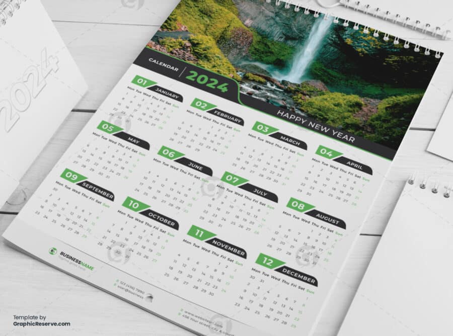 1 Page Wall Calendar 2024 template by visualgraphics2v on graphic reserve