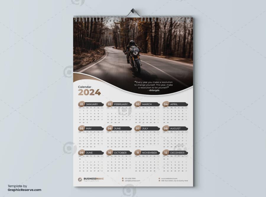 1 Page Wall Calendar 2024 template by visualgraphics3v on graphic reserve
