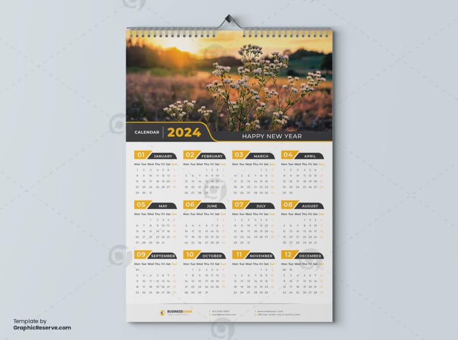 1 Page Wall Calendar 2024 template by visualgraphics3v on graphic reserve