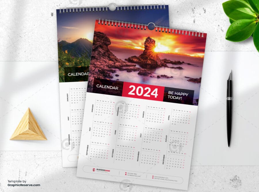 1 Page Wall Calendar 2024 template by visualgraphics5v on graphic reserve