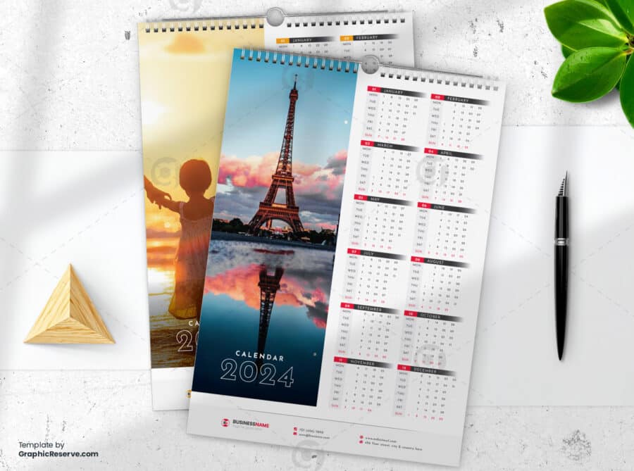 1 Page Wall Calendar 2024 template by visualgraphics5v on graphic reserve