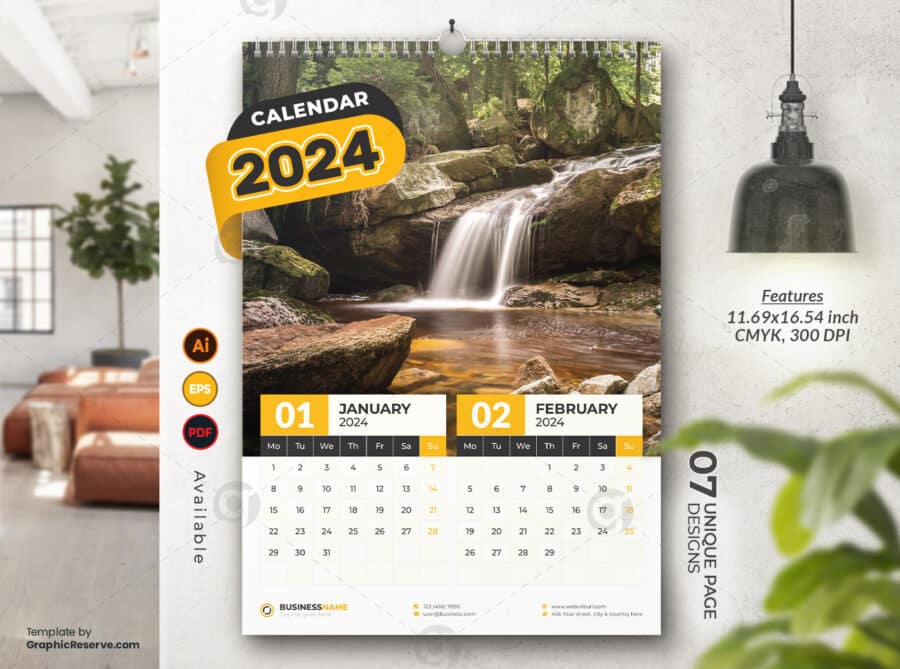 6 Page Wall Calendar 2024 template by visualgraphics1v on graphic reserve