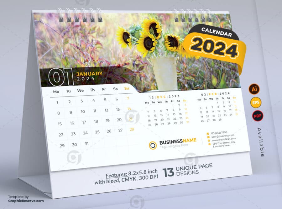 Desk Calendar 2024 Template by VisualGraphics on Graphic Reserve.1v
