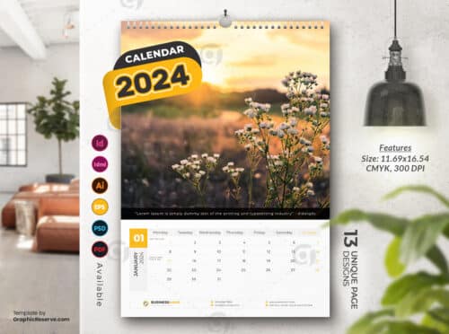 Wall Calendar 2024 template by visualgraphics1v on graphic reserve